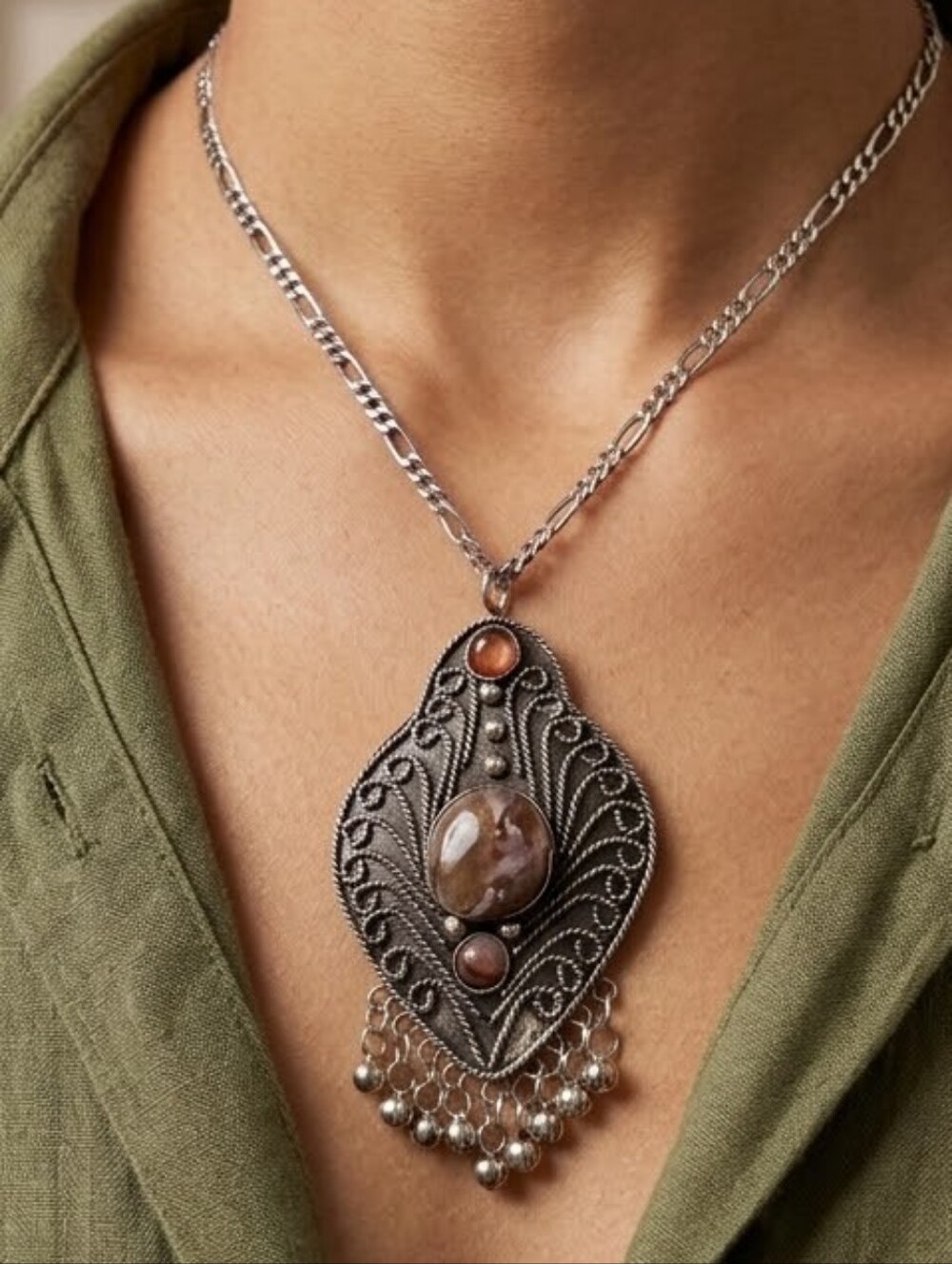 Bohemian Silver-Tone Pendant Necklace with Green, Brown & Multicolor Stones - Picture 2 of 4